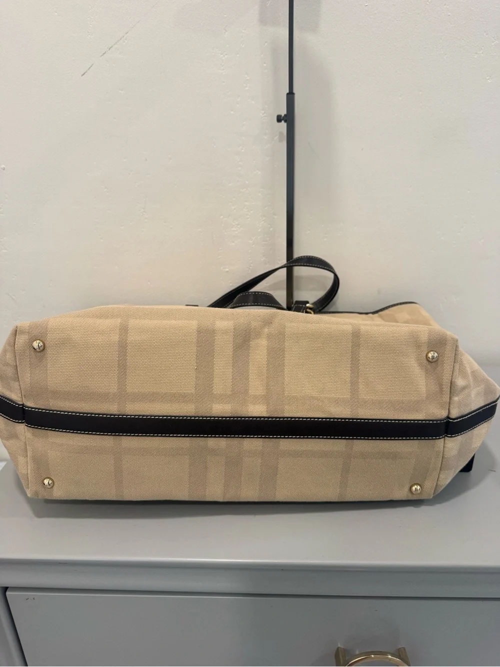 Burberry Beige Plaid Canvas Tote with Dark Brown Leather Trim
